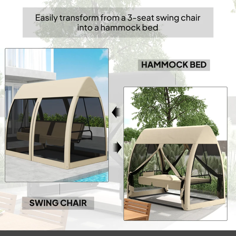 Outsunny 3 Seat Outdoor Swing Chair Convertible Covered Day Bed with Canopy, Mesh Netting, Steel Stand for Garden, Patio, Coffee(m-4)