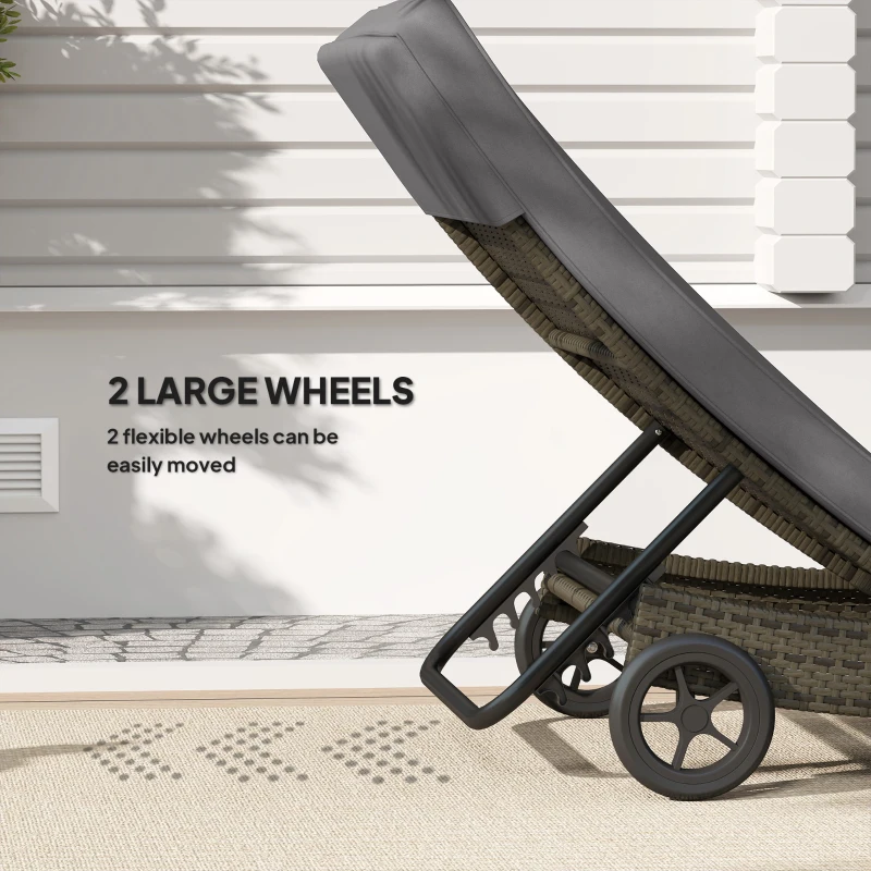 Outsunny Patio Wicker Chaise Lounge Chair, Outdoor PE Rattan Sun lounger with Adjustable Backrest and 2 Wheels, Gray
