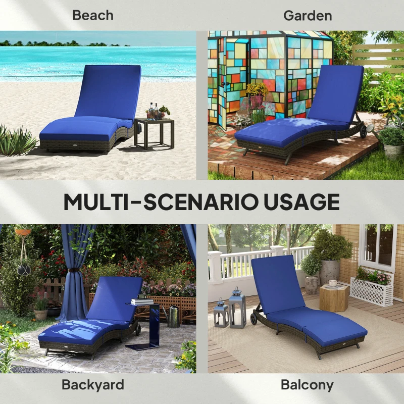Outsunny Patio Wicker Chaise Lounge Chair, Outdoor PE Rattan Sun lounger with Adjustable Backrest and 2 Wheels, Dark Blue