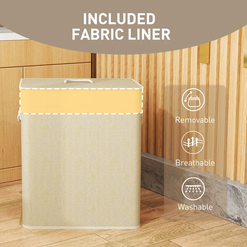 HOMCOM Double Laundry Basket with Lid, 26.4 Gallon Bamboo Laundry Hamper with Rope Handles and Removable Liner, Natural