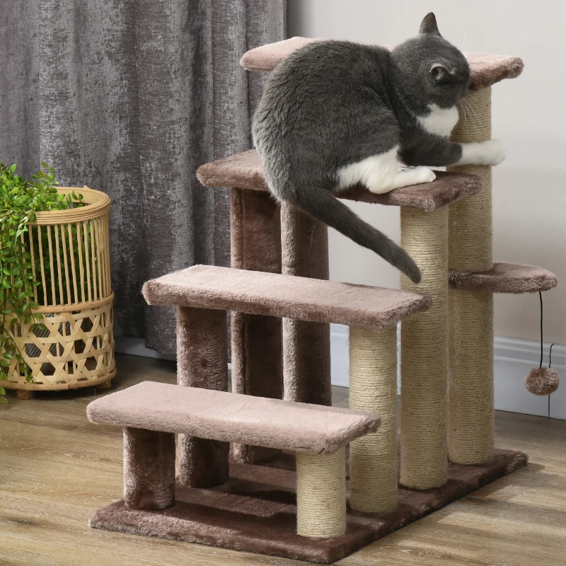 PawHut 4 Levels Cat Steps with Scratching Posts for High Bed, Sofa, Brown