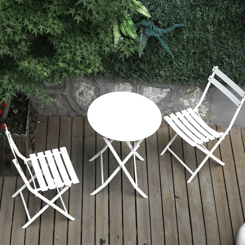 3-Piece Durable Patio Bistro Set with Foldable Round Table and Chairs, Sturdy Metal Frame, Easy Setup, White