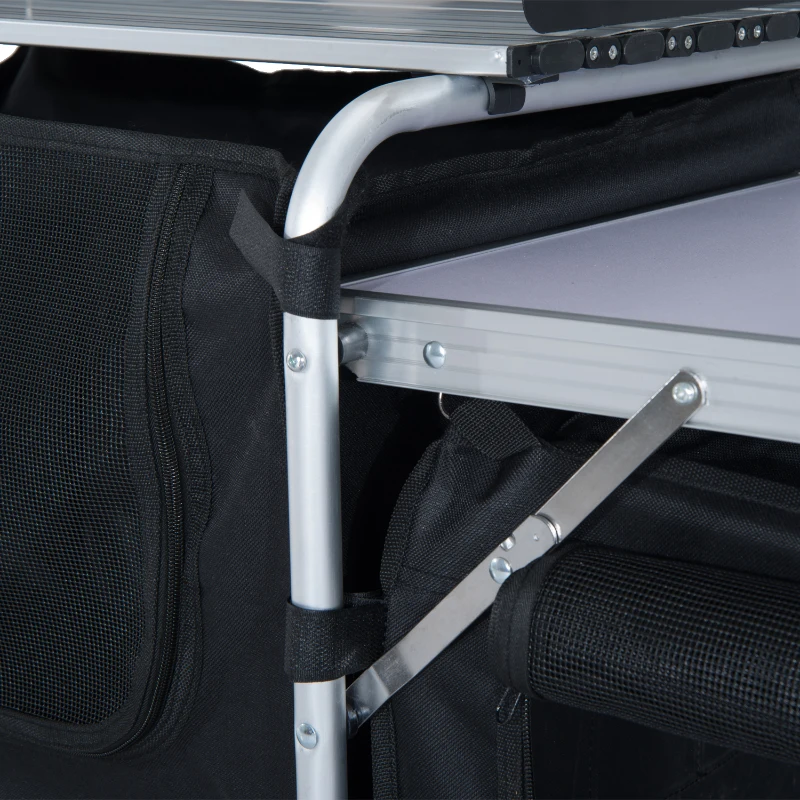 Outsunny Folding Camping Kitchen Table with Carrying Bag, Windscreen and 3 Enclosed Cupboards, Aluminum Cook Station, Black