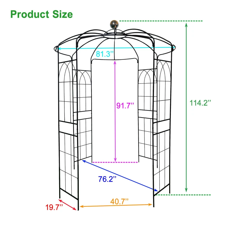 Metal Garden Arch Arbor with Anti-Rust Coating, Birdcage Shape Pergola Pavilion for Wedding, Ceremony, 81.5" L x 81.5" W x 114" H, Black