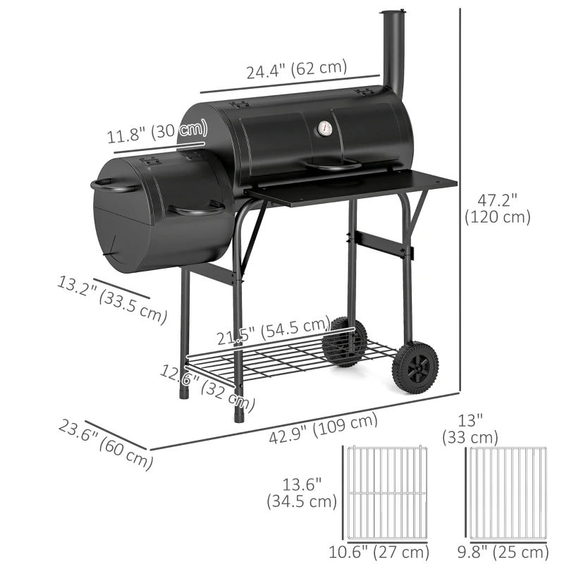 Outsunny Portable Outdoor Charcoal BBQ Grill with Offset Smoker, Barbecue Grill with Spacious Cooking Area, 2 Shelves, Thermometer, Wheels for Patio Backyard Party, Black