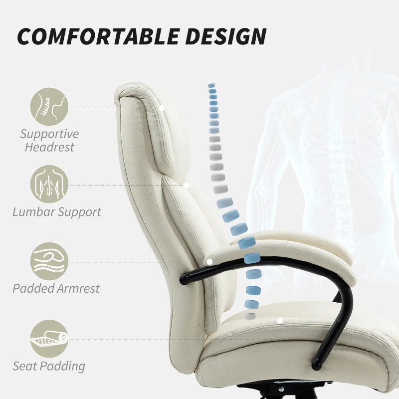 Vinsetto Executive Office Chair with Wide Seat, Computer Desk Chair with Adjustable Height, Swivel Wheels, Cream White