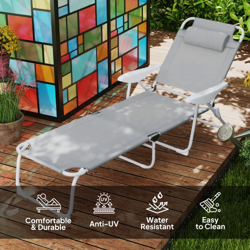 Outsunny Folding Chaise Lounge, Outdoor Sun Tanning Chair, 4-Position Reclining Back, Armrests, Removable Pillow, Light Gray