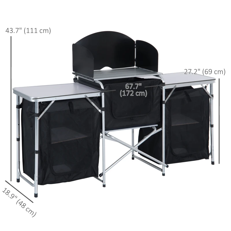 Outsunny Folding Camping Kitchen Table with Carrying Bag, Windscreen and 3 Enclosed Cupboards, Aluminum Cook Station, Black