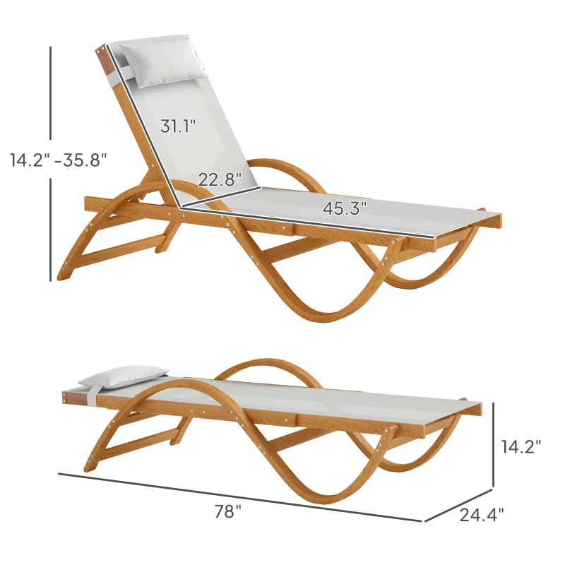 Outsunny Larch Wood Lounge Chair, 4-Level Adjustable Tanning Chair, Full Flat Patio Lounger with Mesh Seat, Cream White