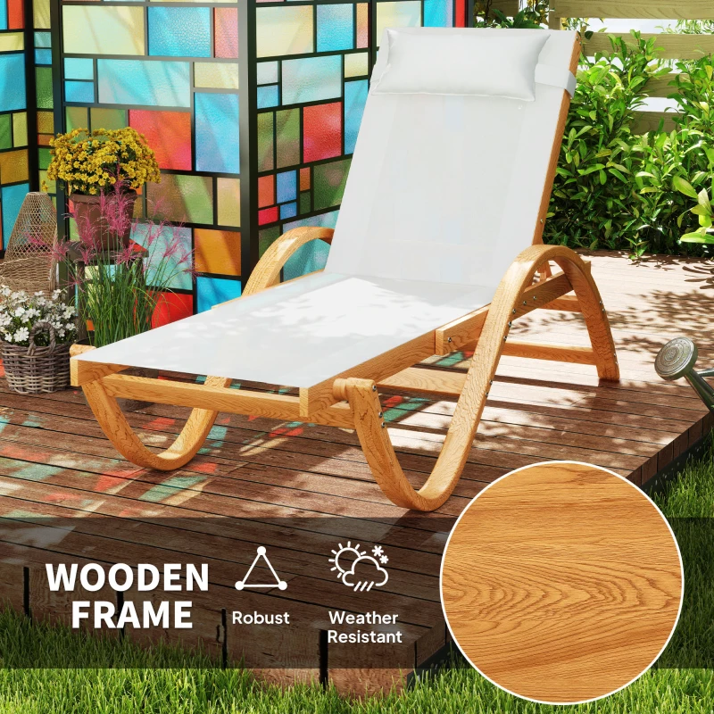 Outsunny Larch Wood Lounge Chair, 4-Level Adjustable Tanning Chair, Full Flat Patio Lounger with Mesh Seat, Cream White