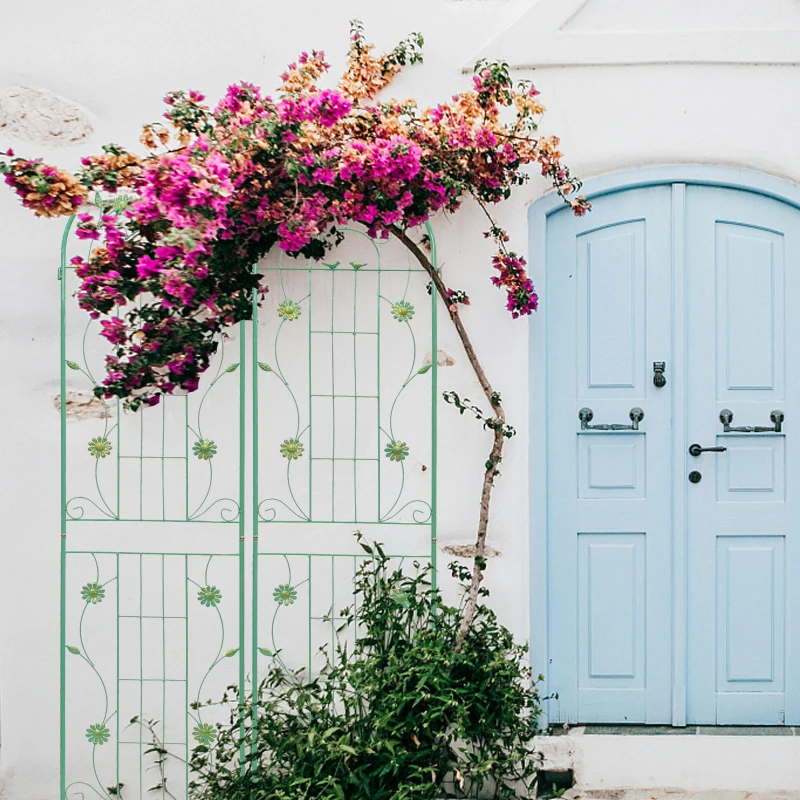 2 Pack Metal Garden Trellis with Leaves and Flower Decorations, Rustproof Climbing Plant Support, 87" Height, Green