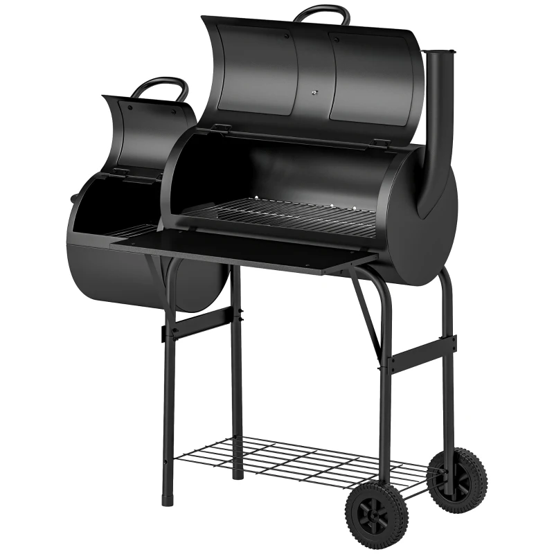 Outsunny Portable Outdoor Charcoal BBQ Grill with Offset Smoker, Barbecue Grill with Spacious Cooking Area, 2 Shelves, Thermometer, Wheels for Patio Backyard Party, Black
