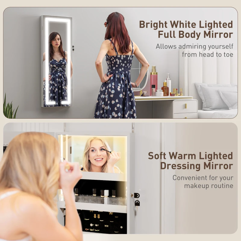 HOMCOM LED Lighted Jewellery Armoire with Mirror Jewellery Cabinet with Storage Lockable Door/Wall Mounted Jewellery Organizer, White