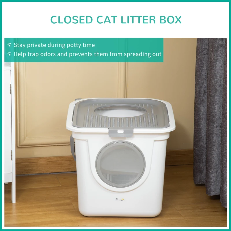 PawHut Covered Cat Litter Box, Easy Cleaning Kitty Litter Box with Front Entrance, Top Exit, Scoop, for Odor Control, White