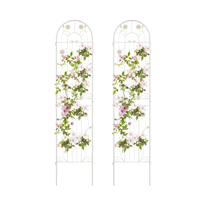 2 Pack Metal Garden Trellis with Leaves and Flower Decorations, Rustproof Climbing Plant Support, Easy to Assemble, Cream White