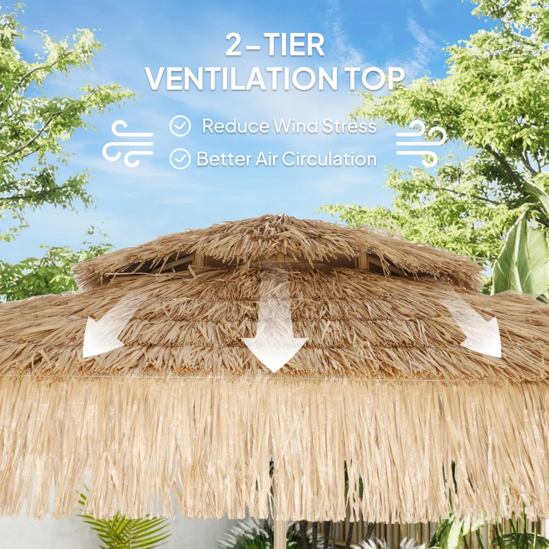 Outsunny 10 ft. Hula Thatched Tiki Patio Outdoor Umbrella with 8 Ribs, UPF30+, for Garden, Backyard, Deck, Pool, Natural
