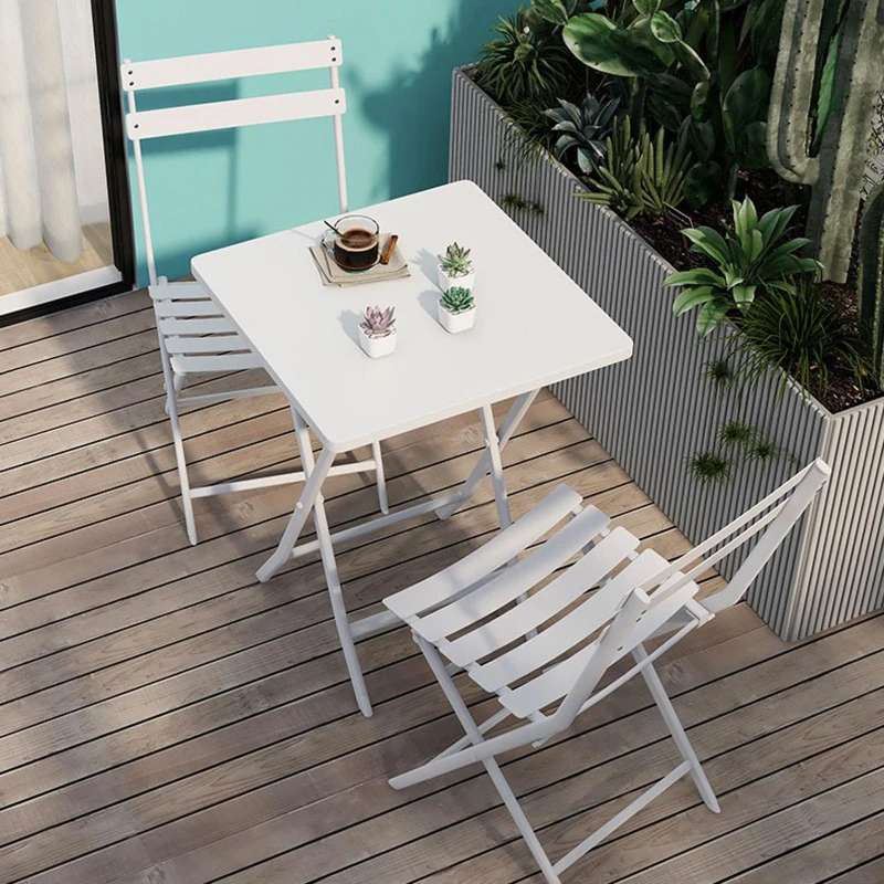 3-Piece Patio Bistro Set with Foldable Square Table and Chairs, Durable Metal Frame, Space-Saving Design, White