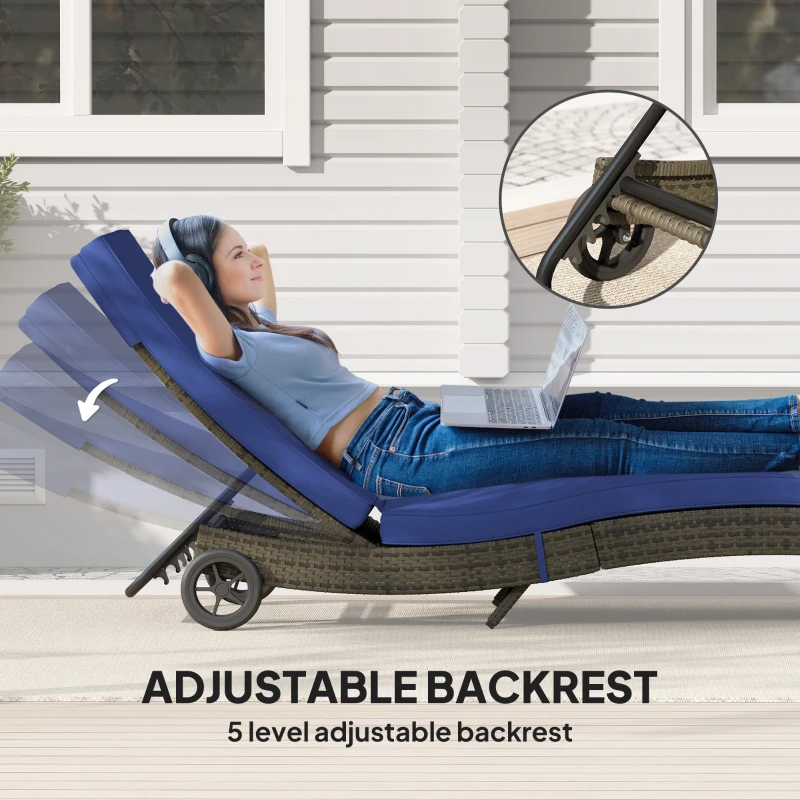 Outsunny Patio Wicker Chaise Lounge Chair, Outdoor PE Rattan Sun lounger with Adjustable Backrest and 2 Wheels, Dark Blue