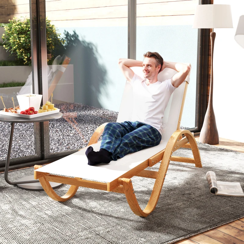 Outsunny Larch Wood Lounge Chair, 4-Level Adjustable Tanning Chair, Full Flat Patio Lounger with Mesh Seat, Cream White