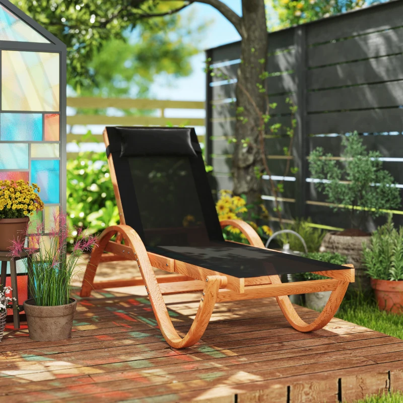 Outsunny Larch Wood Lounge Chair, 4-Level Adjustable Tanning Chair, Full Flat Patio Lounger with Mesh Seat, Black
