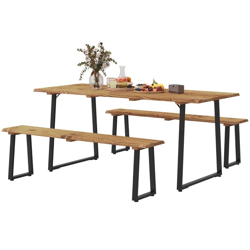 Outsunny Picnic Table and Bench Set for 6 Persons with 2" Umbrella Hole, Slatted Top & Steel Frame, for Party, BBQ, Patio, Lawn