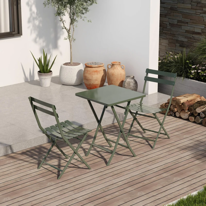 3-Piece Patio Bistro Set with Foldable Square Table and Chairs, Easy Setup, Space-Saving Design, Dark Green