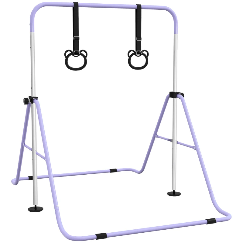 Qaba Kids Gymnastics Bar, Adjustable Height Folding Horizontal Bar with Gymnastics Rings, Non-slip Rubber Floor Rings, Purple