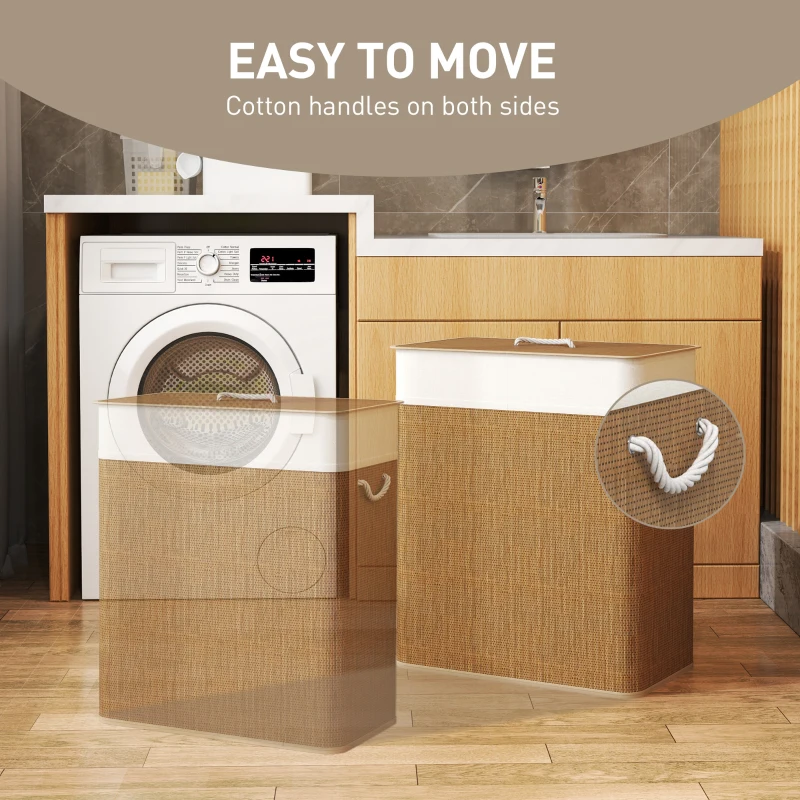 HOMCOM Double Laundry Basket with Lid, 26.4 Gallon Bamboo Laundry Hamper with Rope Handles and Removable Liner, Brown