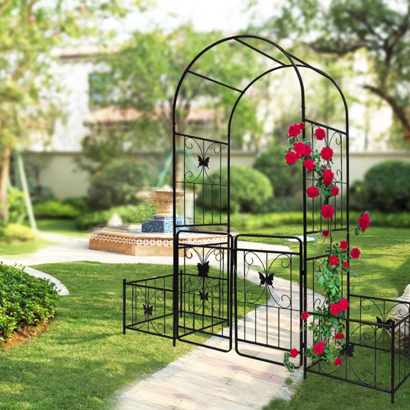 Anti-Rust Coating Metal Garden Arch with Double Gate, Easy Assembled Climbing Plants Support, 79.5" L x 20" W x 86.5" H, Black