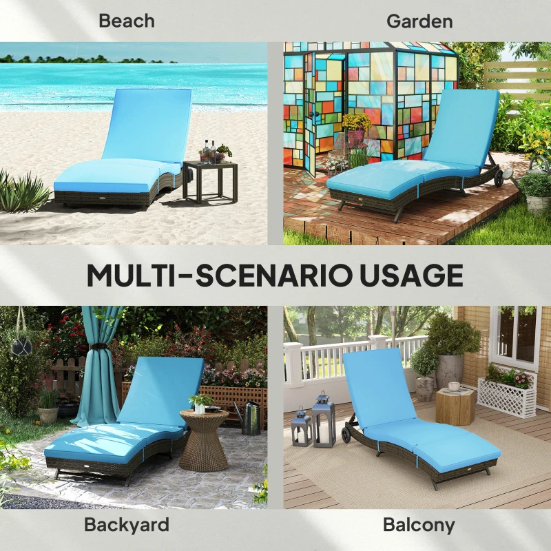 Outsunny Patio Wicker Chaise Lounge Chair, Outdoor PE Rattan Sun lounger with Adjustable Backrest and 2 Wheels, Sky Blue