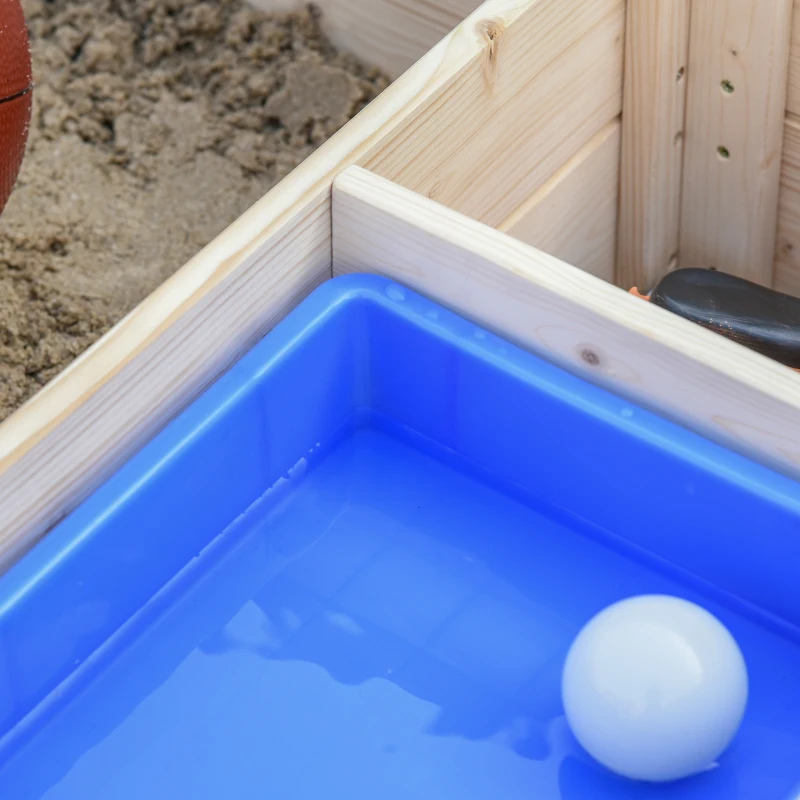 Outsunny Wooden Kids Sandbox with Foldable Bench Seat, 2 Plastic Boxes, Bottom Liner, Storage Space for Garden, Backyard