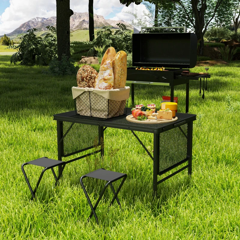 Outsunny Folding Camping Table, 4.5ft Portable Table with 2 Wing Panels, Height Adjustable Metal Picnic Table
