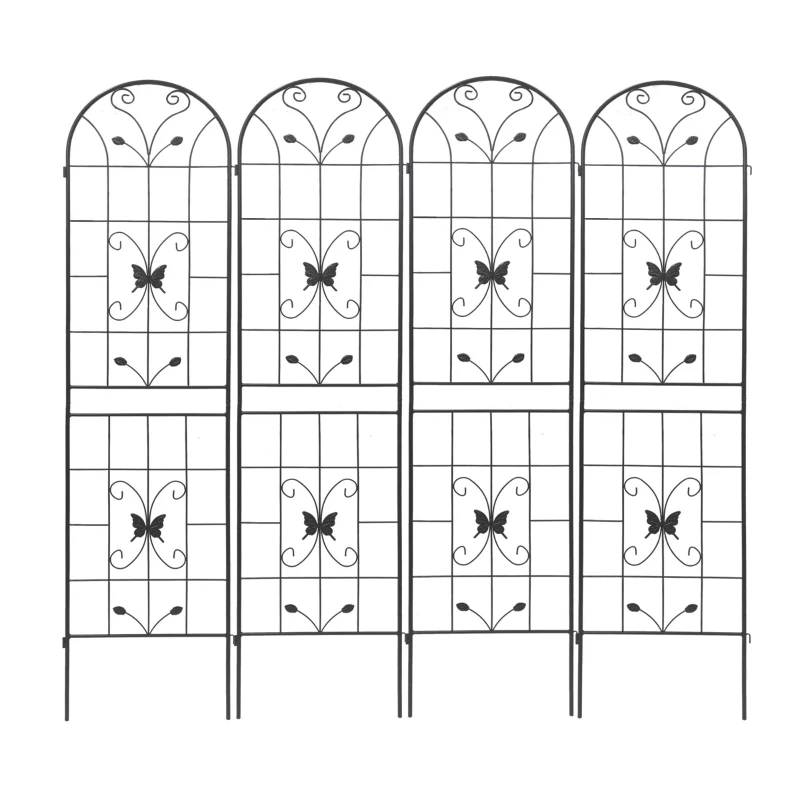 4 Pack Metal Garden Trellis with Butterfly Decoration and Powder Coated Iron, Extendable Design Rustproof Climbing Plant Support, Black