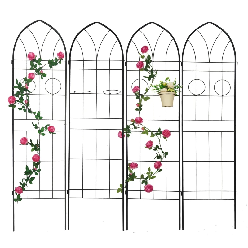 4 Pack Metal Garden Trellis with 2 Pot Holders, Rustproof Climbing Plant Support, Easy Assembly, Black
