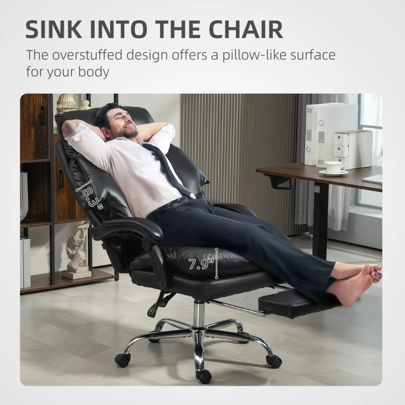 HOMCOM Overstuffed Office Chair, High Back Desk Chair with Foot Rest, Reclining PU Leather Computer Chair, Black