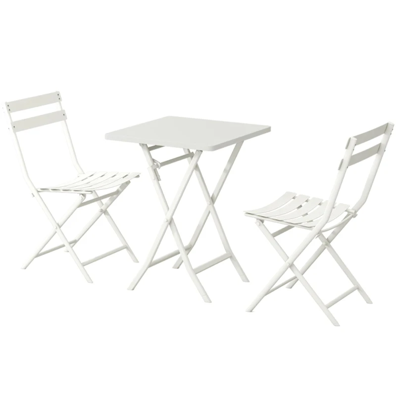 3-Piece Patio Bistro Set with Foldable Square Table and Chairs, Durable Metal Frame, Space-Saving Design, White