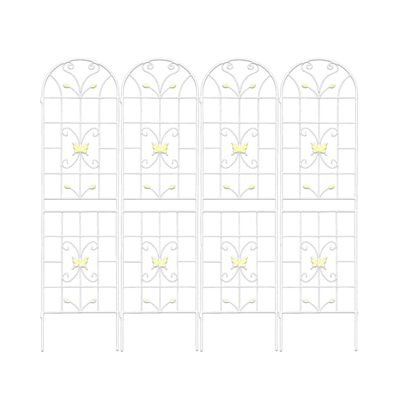 4 Pack Metal Garden Trellis with Butterfly Decoration and Galvanized Round Pipe, Rustproof Climbing Plant Support, Cream White