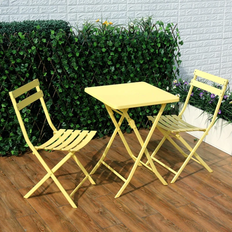 3-Piece Patio Bistro Set with Foldable Square Table and Chairs, Metal Frame, Easy Setup, Yellow