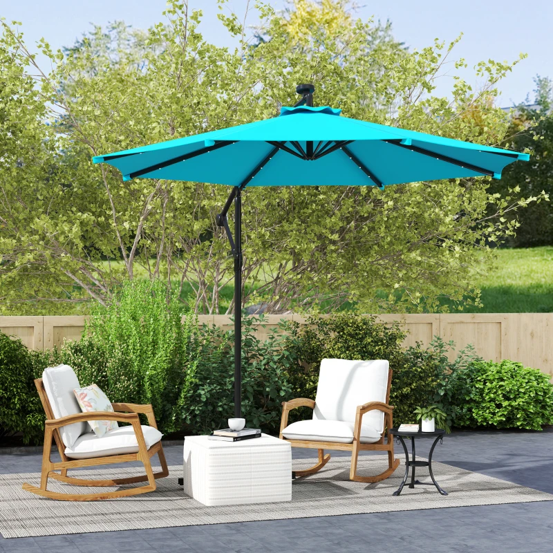 Outsunny 10ft Outdoor Cantilever Umbrella Banana Umbrella with Solar Lights and Adjustable Angle for Patio Backyard Turquoise