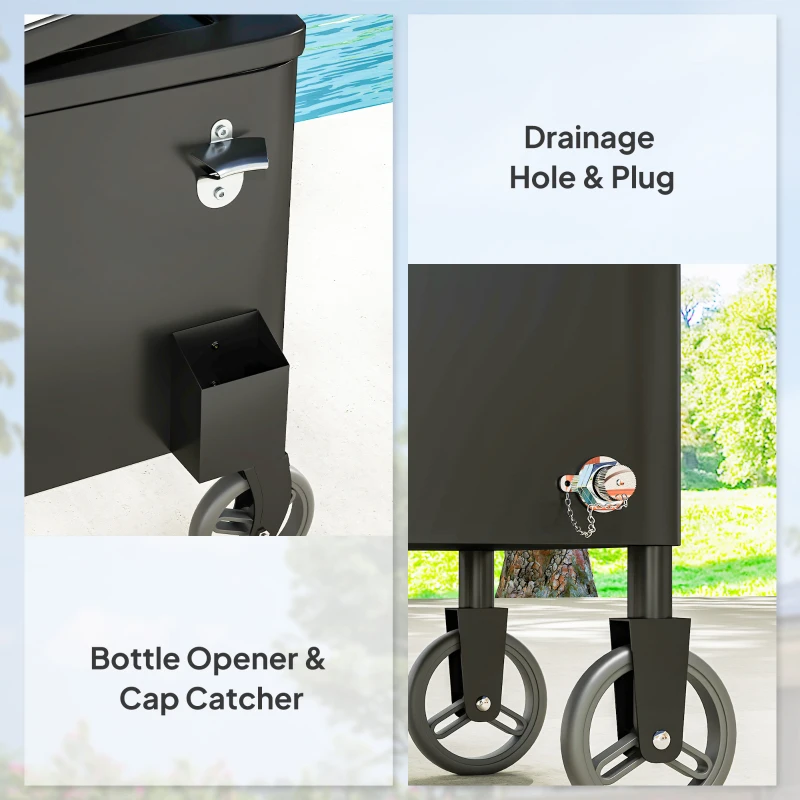 Outsunny 80-Qt Outdoor Patio Cooler Cart, Rolling Ice Chest with Adjustable Handle, Wheels, Bottle Opener, Drainage, Outdoor Beverage Cooler Bar Cart for Party BBQ Camping, Black