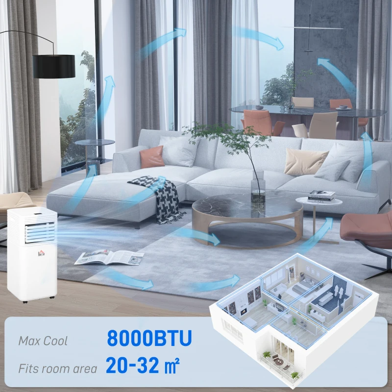 HOMCOM 8000 BTU Mobile Air Conditioner for Cooling and Dehumidifying, Remote Control, 24H Timer, LED Display, White