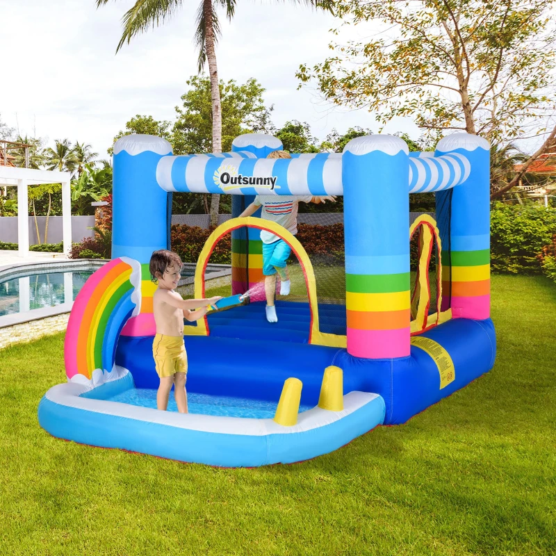 Outsunny Inflatable Bounce House for Kids 2-in-1 Jumping Castle for Indoor Outdoor Party with Trampoline, Pool, Carry Bag & Air Blower(m-10)