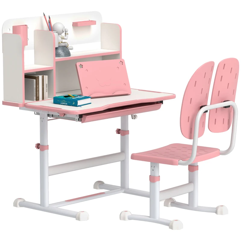 Qaba Adjustable Height Kids Desk and Chair Set, Kids Study Table and Chair with Tilt Desktop, Drawer, Reading Rack, Pink