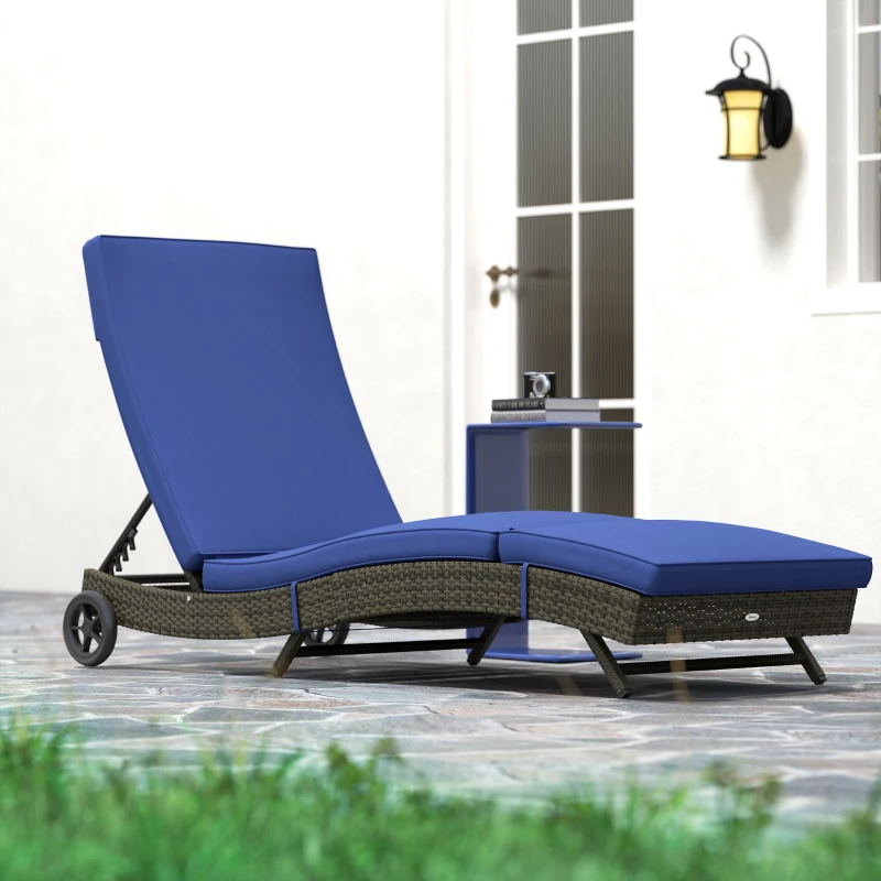 Outsunny Patio Wicker Chaise Lounge Chair, Outdoor PE Rattan Sun lounger with Adjustable Backrest and 2 Wheels, Dark Blue