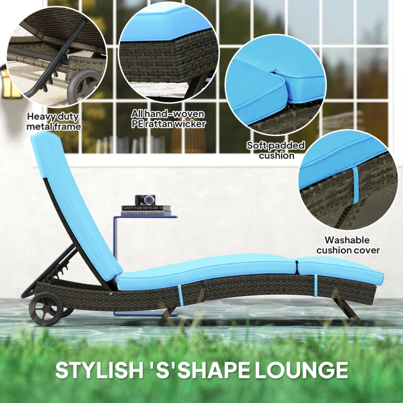 Outsunny Patio Wicker Chaise Lounge Chair, Outdoor PE Rattan Sun lounger with Adjustable Backrest and 2 Wheels, Sky Blue