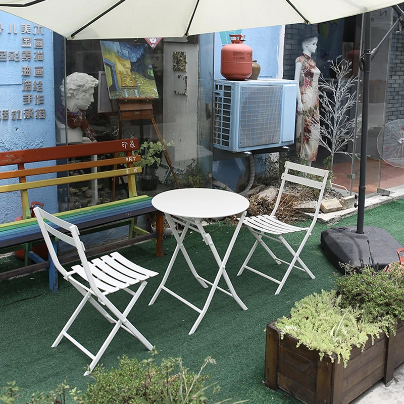 3-Piece Durable Patio Bistro Set with Foldable Round Table and Chairs, Sturdy Metal Frame, Easy Setup, White