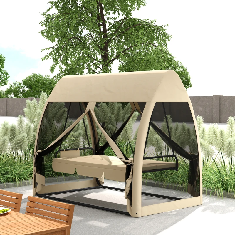 Outsunny 3 Seat Outdoor Swing Chair Convertible Covered Day Bed with Canopy, Mesh Netting, Steel Stand for Garden, Patio, Coffee(m-2)