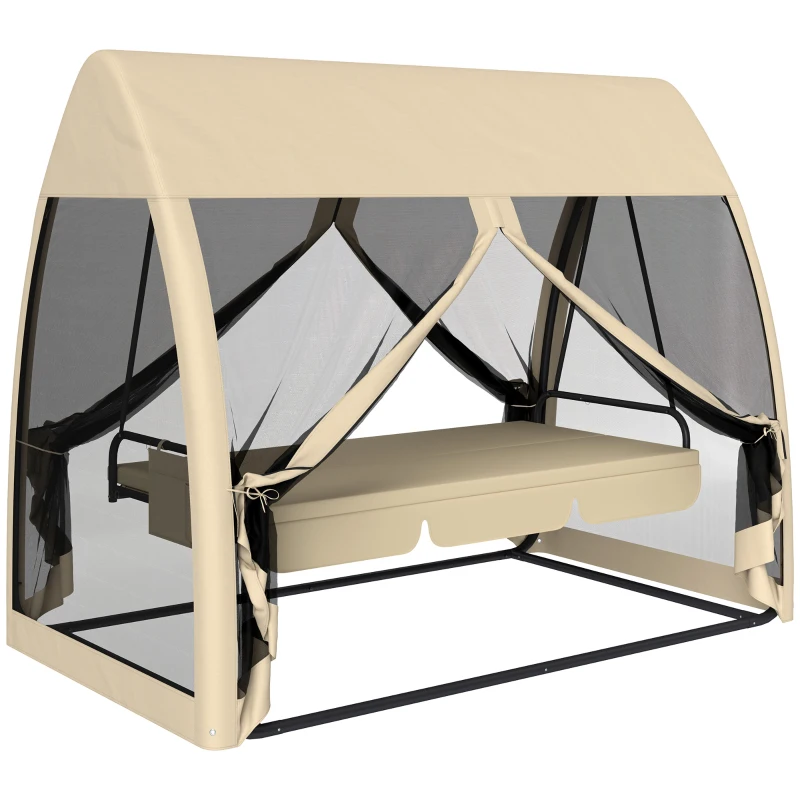 Outsunny 3 Seat Outdoor Swing Chair Convertible Covered Day Bed with Canopy, Mesh Netting, Steel Stand for Garden, Patio, Coffee(m-11)
