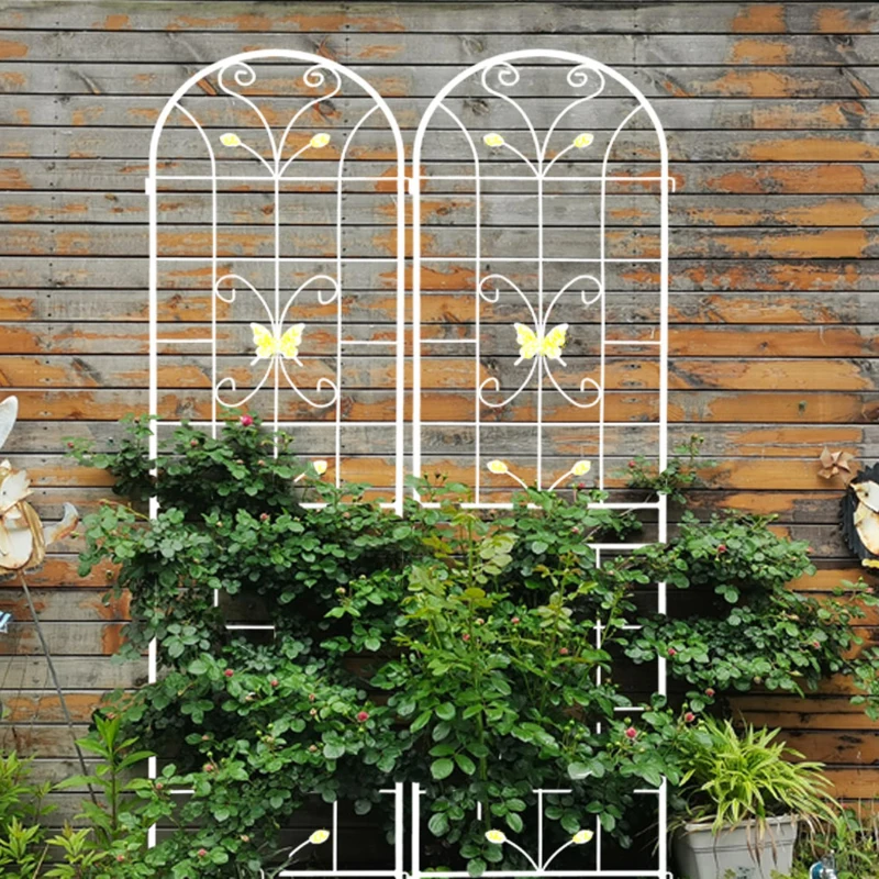 2 Pack Metal Garden Trellis with Butterfly Decoration and Powder Coated Iron, Rustproof Climbing Plant Support, for Outdoor Use, Cream White