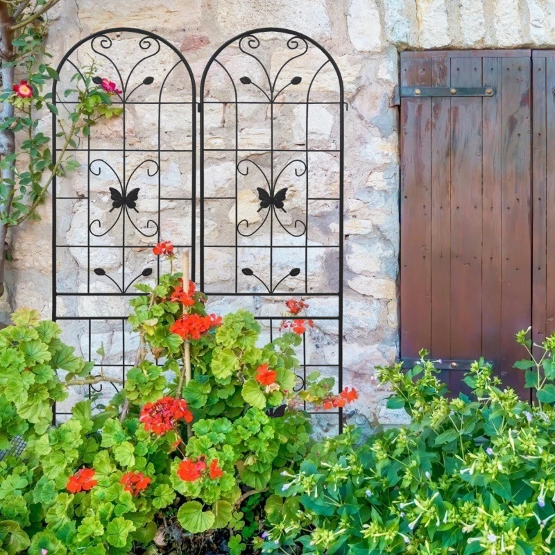 2 Pack Metal Garden Trellis with Butterfly Decoration, for Outdoor Climbing Plant Support, Rustproof, Black